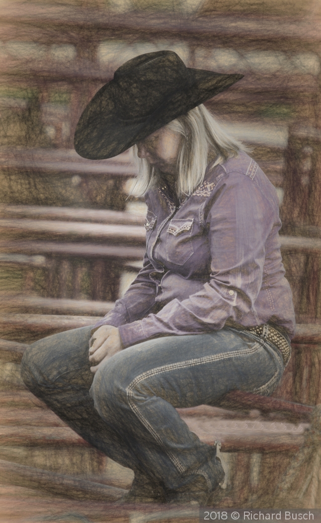 Cowgirl's Good thoughts before the ride by Richard Busch