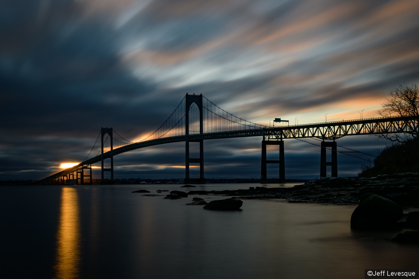 Newport Bridge Sunrise & Sky Trails by Jeff Levesque