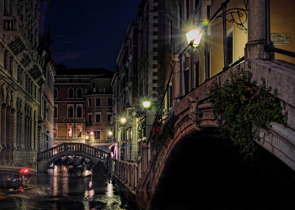 Night time on Venice back cannels by Frank Zaremba