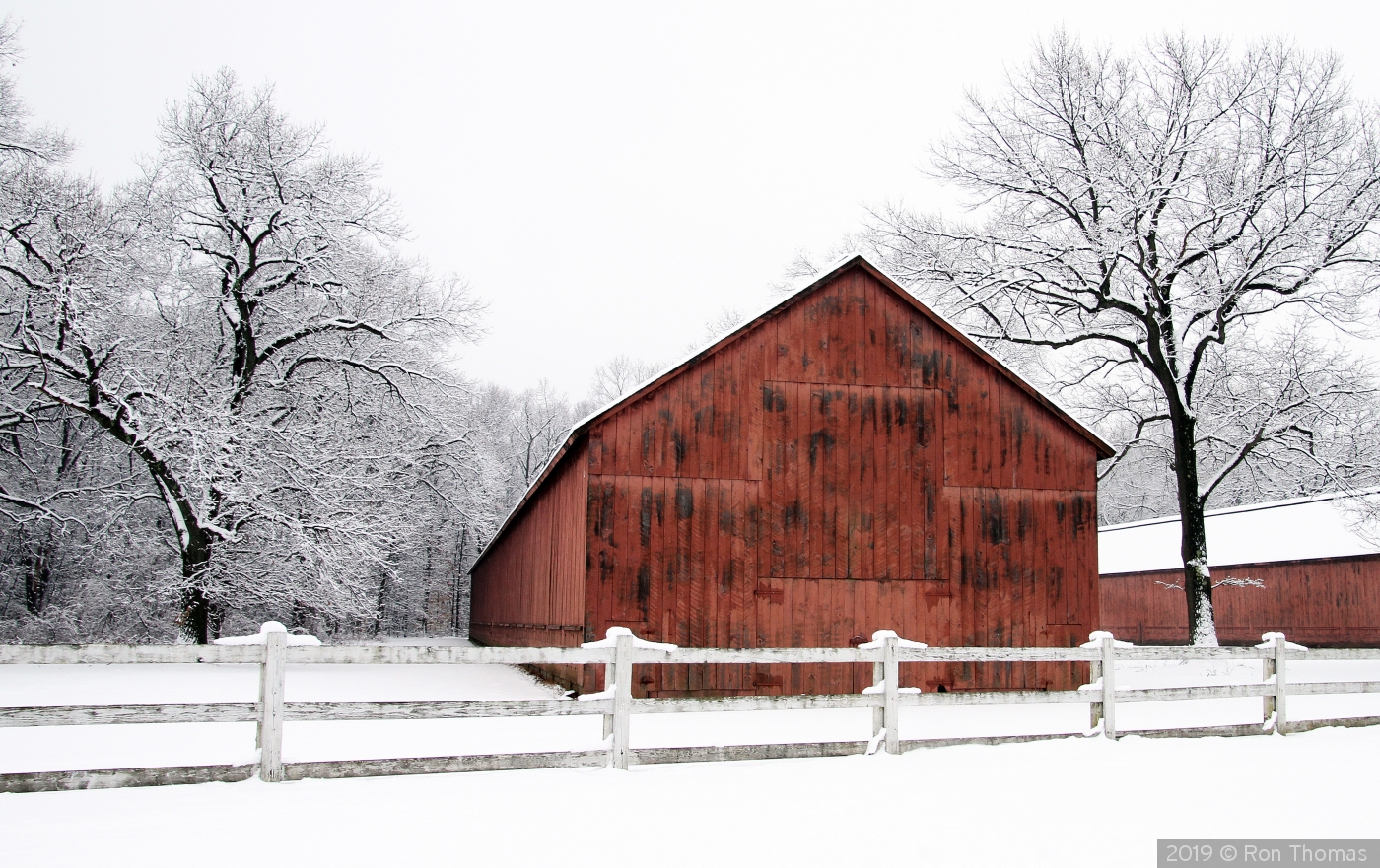 Red barn after snow storm by Ron Thomas