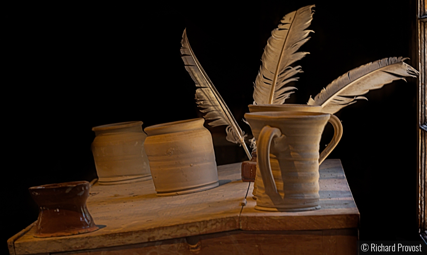 Window light on cups and feathers by Richard Provost